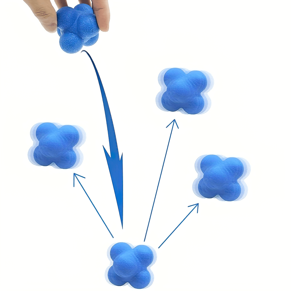 Hexagonal reaction speed ball illustrating its unpredictable bouncing pattern for hand-eye coordination training.